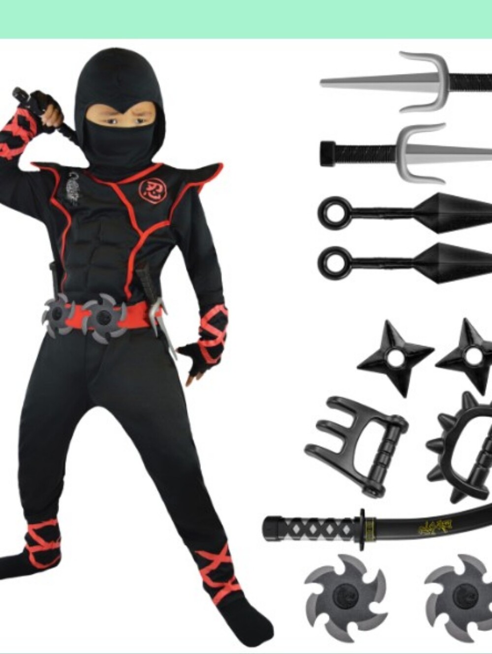 Kids Black and Red Ninja Costume with Toy Weapons